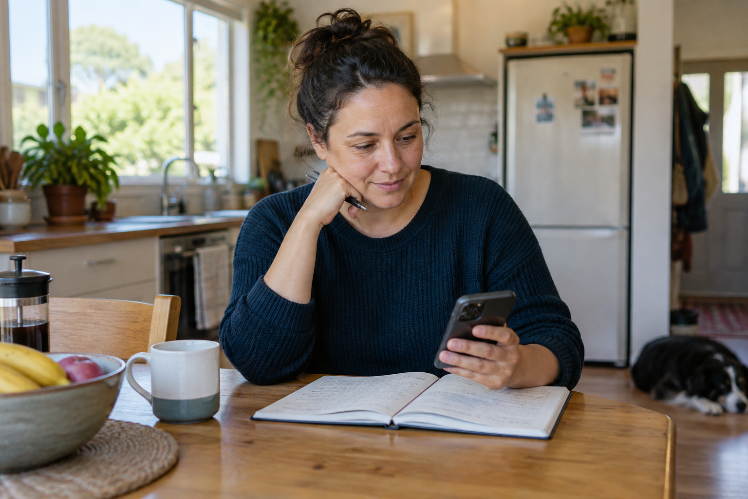 An adult using a notebook and phone at a kitchen table