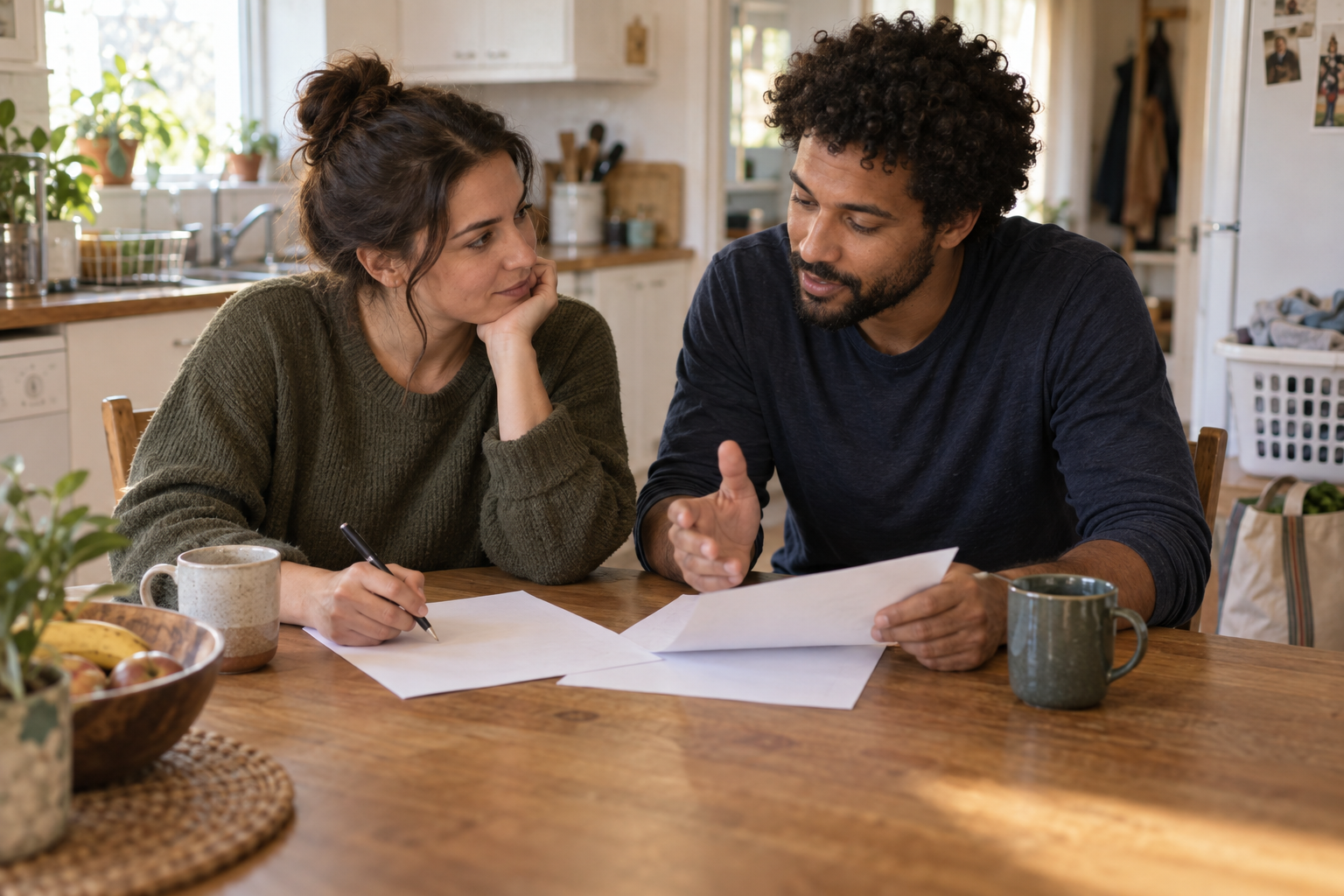 Two adult partners discussing a household plan together at a kitchen table